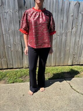 Metallic Textured Top with Ruffle Trim